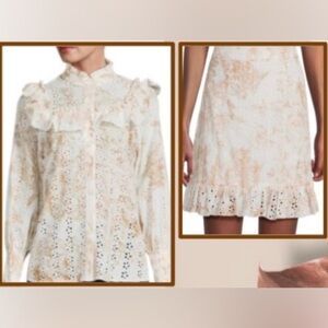 Floral Eyelet Blouse & Coordinating Mini Skirt by 70/21 Sz. M /  color: Natural